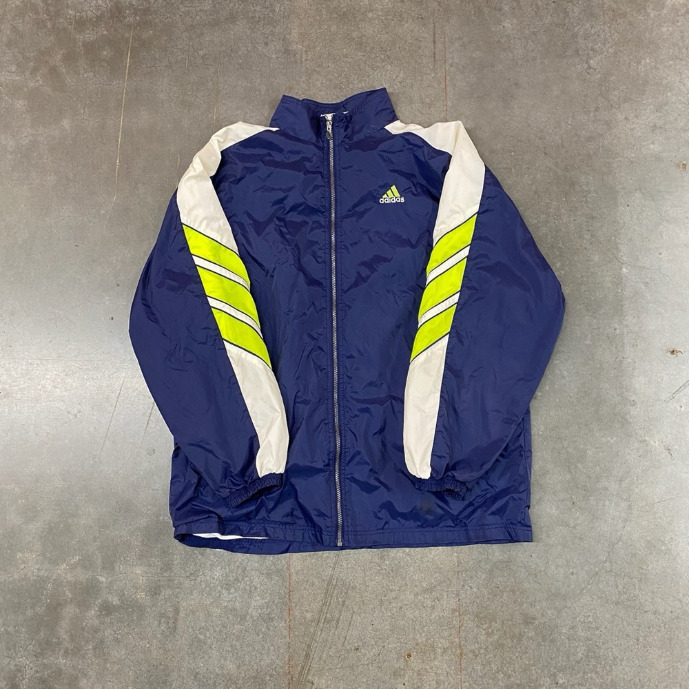 VTG Adidas Windbreaker Jacket‎ Blue Neon Stripe Full Zip Mens XL Tall